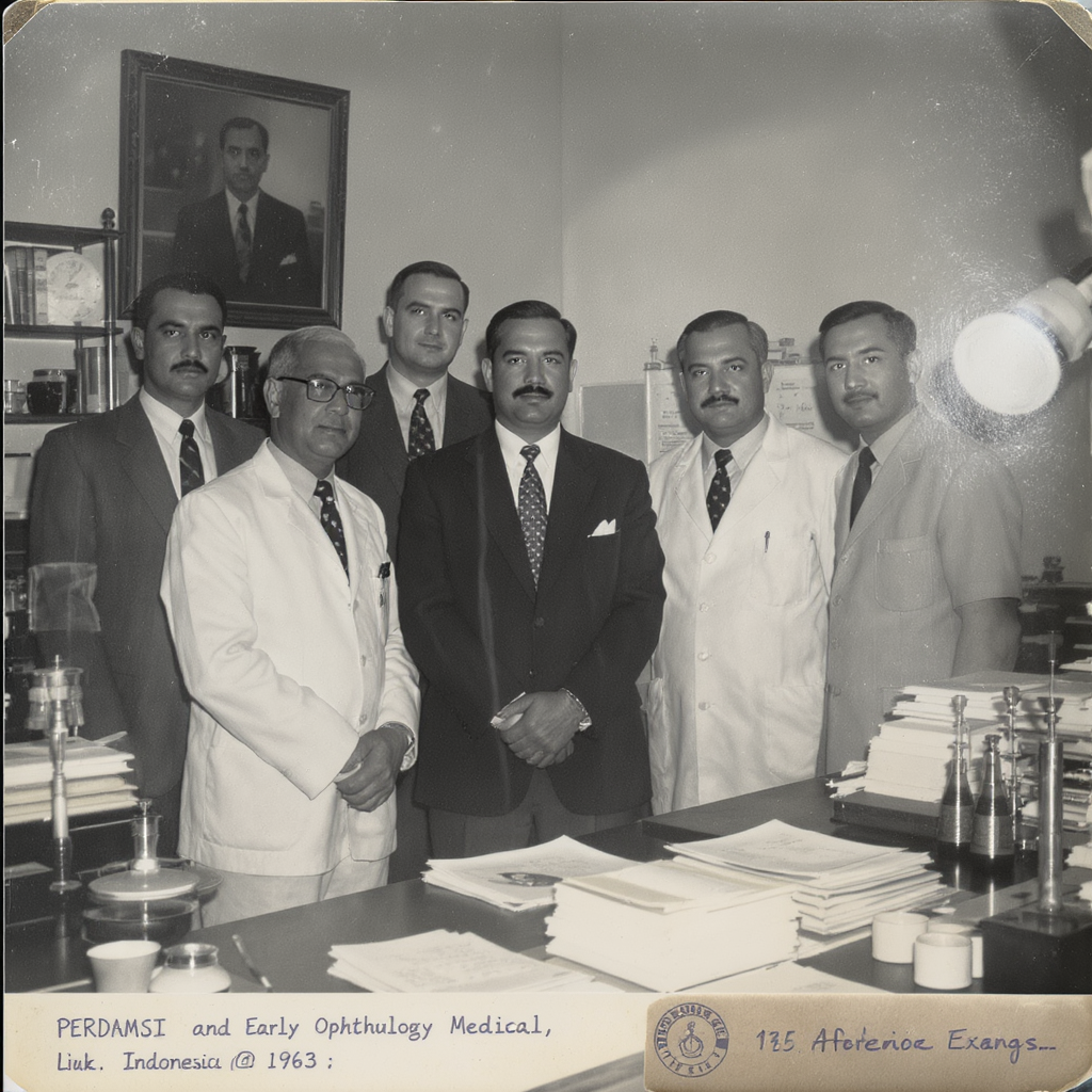 Historical photo of PERDAMSI founding members and early ophthalmology medical practice in Indonesia 1963